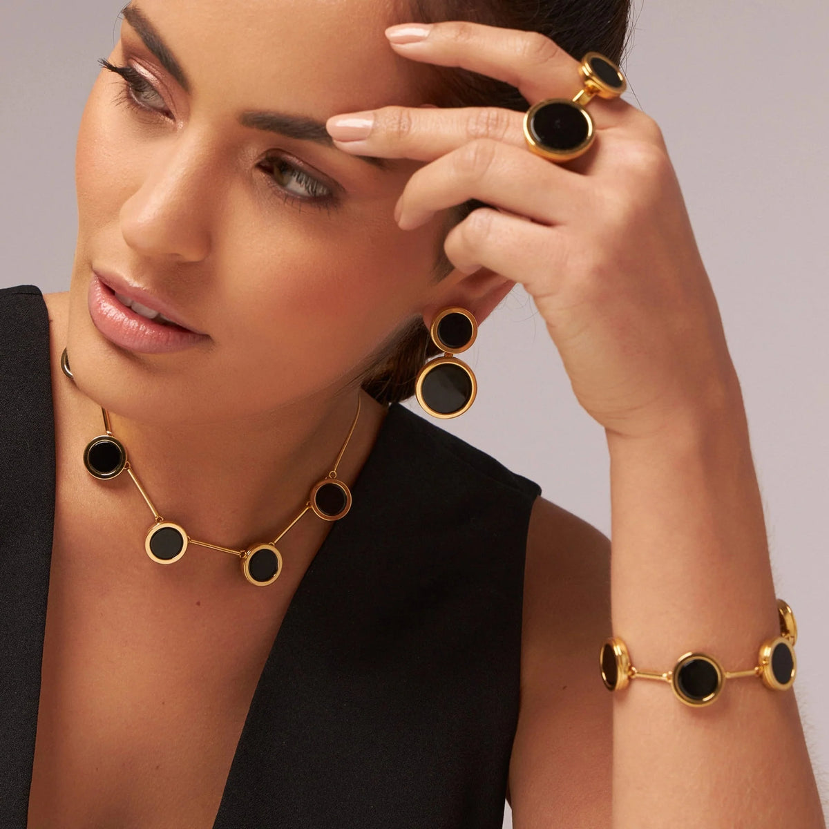 Pulseira Magnífica Obsidiana Negra Chapa Banhado a Ouro 18k