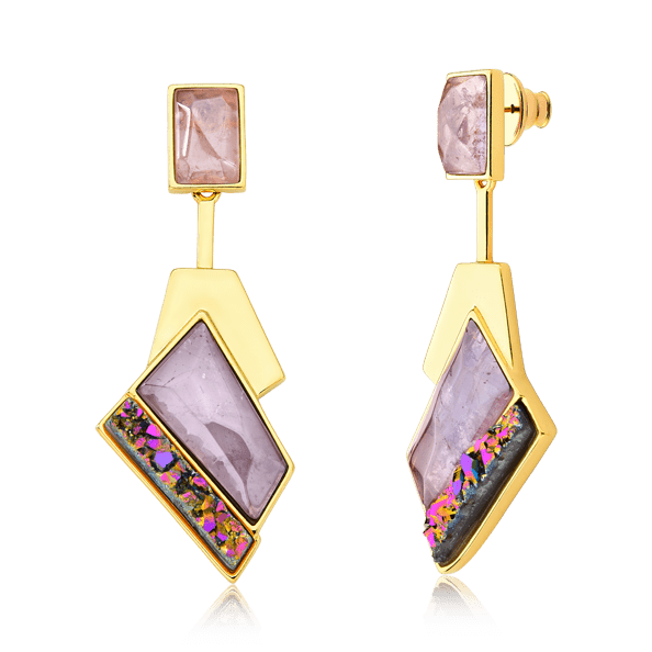 Brinco Chuva - Ametista e Drusa Multicolorida — Ouro 18K | Aimer Joias | maxi brinco semijoia feminina