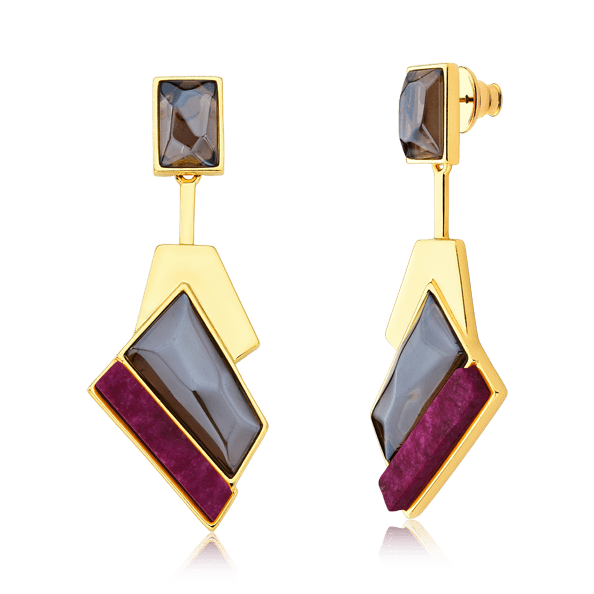 Brinco Chuva - Quartzo Fumê e Feldspato Rosa Pink — Ouro 18K | Aimer Joias | maxi brinco semijoia feminina