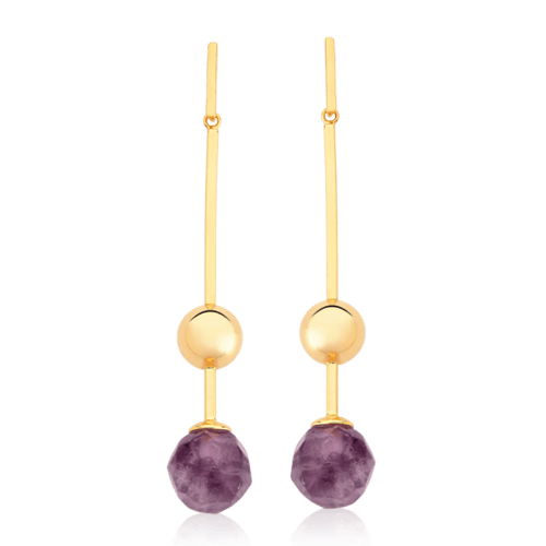 Brinco Fascínio com Ametista em banho ouro 18k | Brinco feminino com pedra natural Aimer Joias