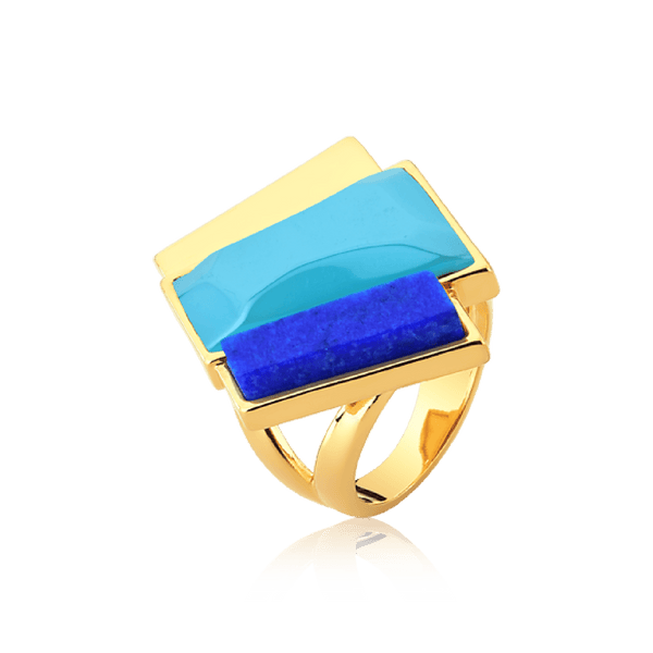 Anel Cascata Ágata Azul Céu e Feldspato Azul Anil