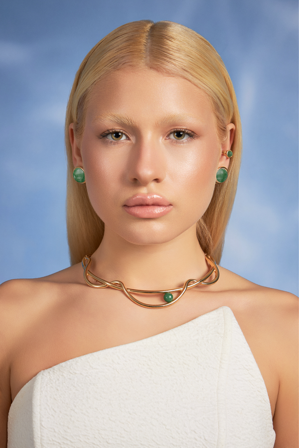 Colar Choker Aurora, Ear Hook Supernova e Brinco Aurora — Quartzo Verde, coleção Supernova, Aimer Joias