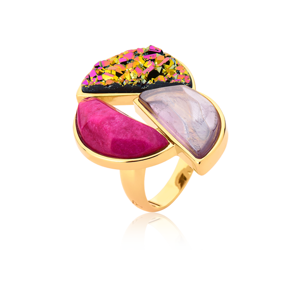 Anel Impacto - Ametista, Feldspato Rosa e Drusa Multicolorida (sem foto)