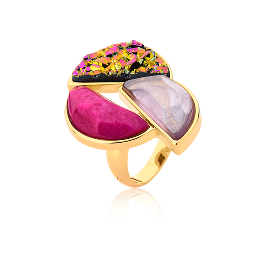 Anel Impacto - Ametista, Feldspato Rosa e Drusa Multicolorida (sem foto)