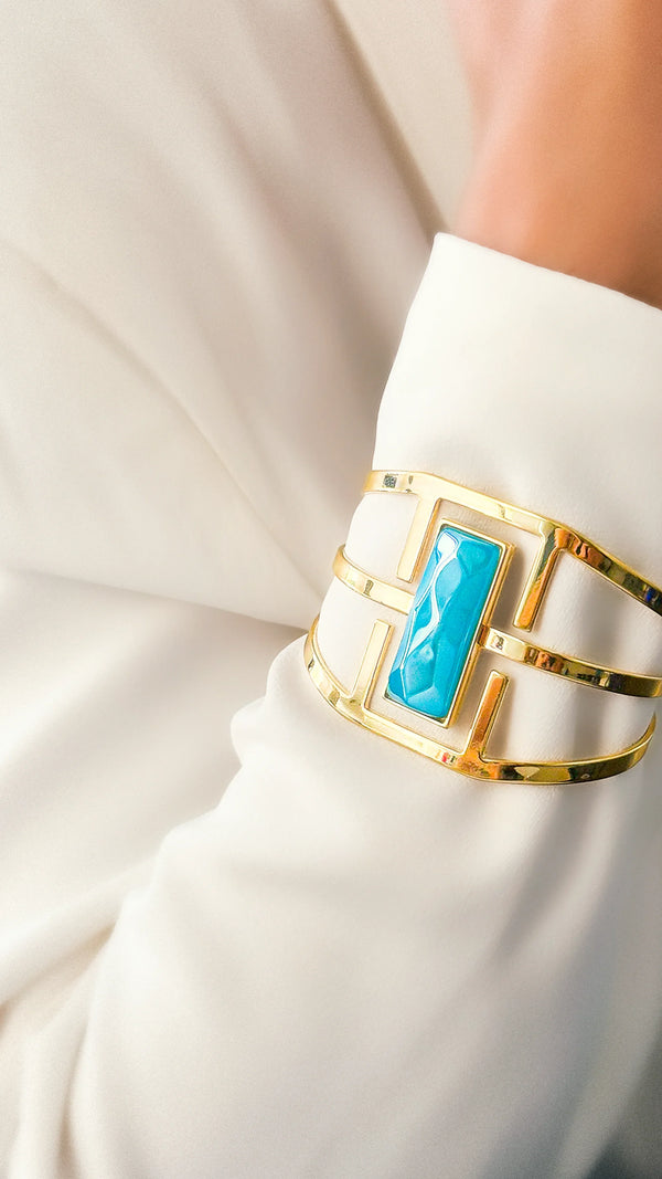 Bracelete Ópera - Ágata Azul Céu detalhe — Ouro 18K | Aimer Joias | pulseira semijoia pedra natural