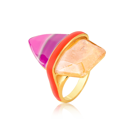 Anel Aminatu - Ágata Rosa Pink Listrada/Citrino Semijoias de luxo e design exclusivo