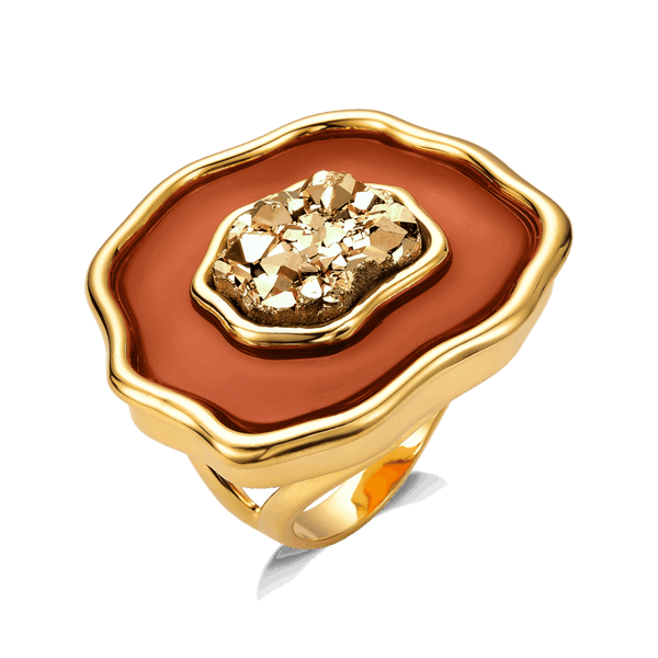 Anel Anthera com Ágata Vermelha e Drusa Ouro em banho ouro 18k | Anel feminino Aimer Joias