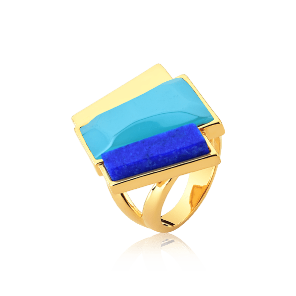 Anel Cascata Ágata Azul Céu e Feldspato Azul Anil