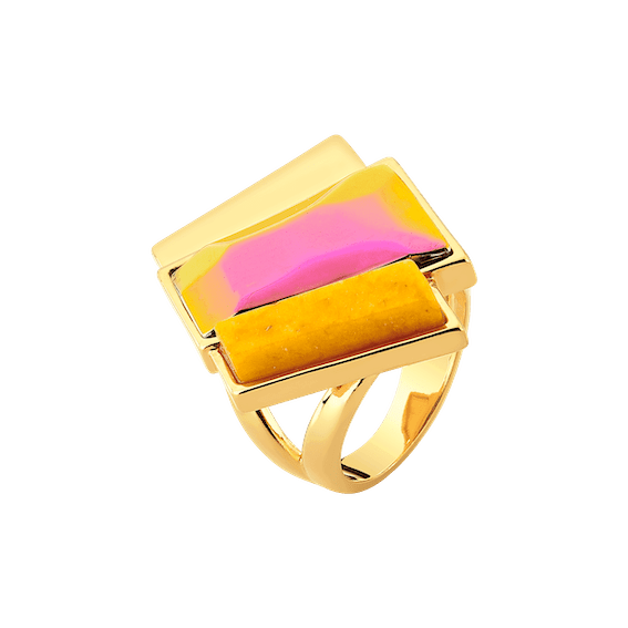 Anel Cascata - Cristal Multicolorido e Feldspato Amarelo
