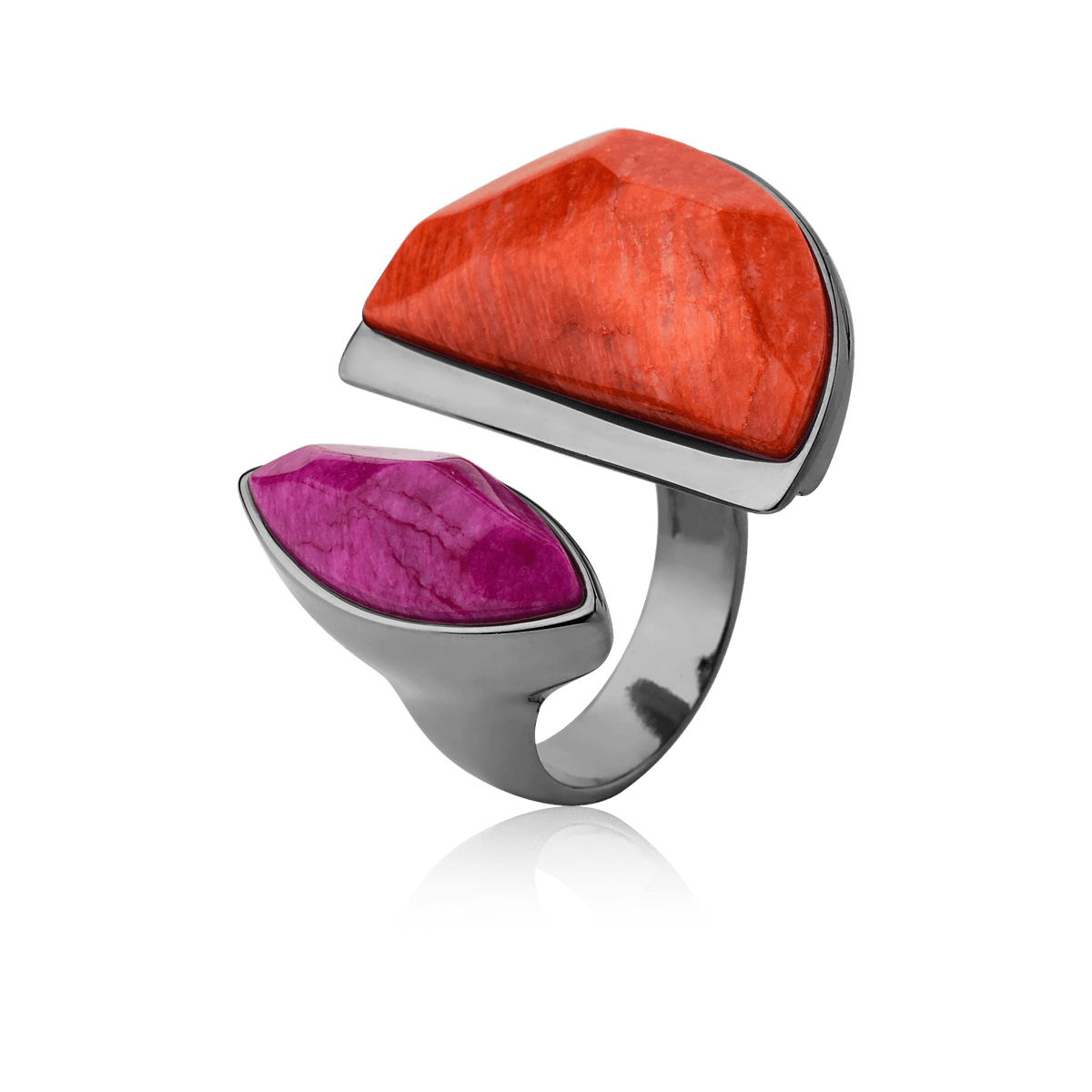 Anel Escudo Feldspato Rosa Pink e Feldspato Laranja Banhado a Ródio Semijoias de luxo e design exclusivo