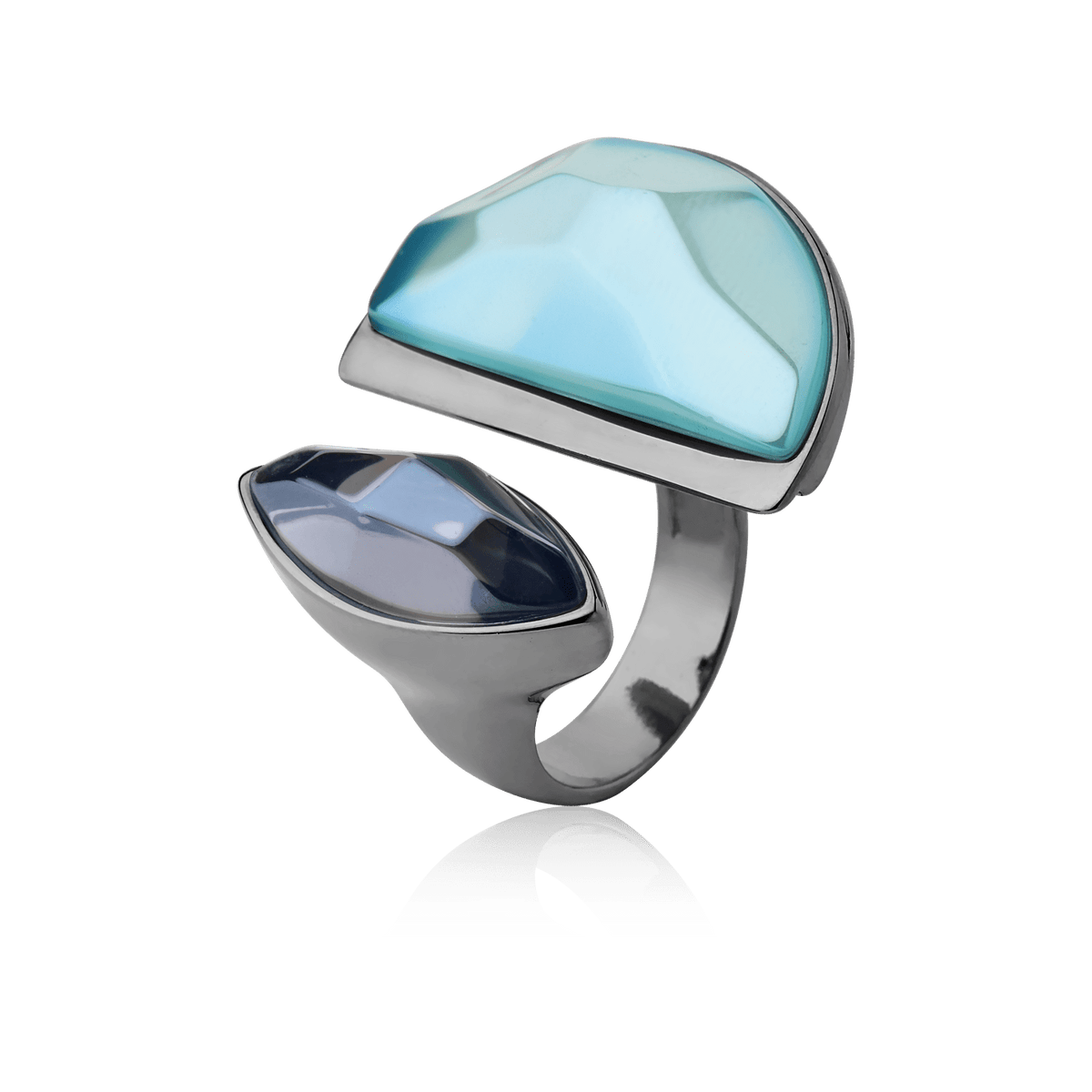 Anel Escudo Quartzo Fumê e Ágata Azul Céu Banhado a Ródio Semijoias de luxo e design exclusivo