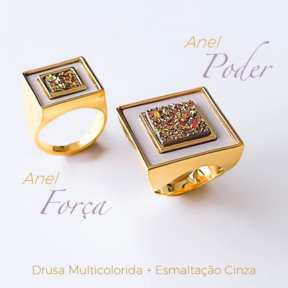 Anel Força - Drusa Multicolorida e esmaltação cinza Semijoias de luxo e design exclusivo