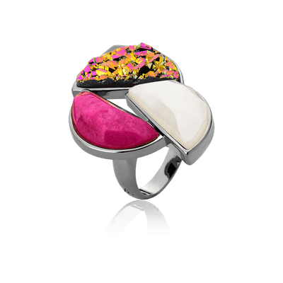 Anel Impacto - Porcelana Branca/Feldspato Rosa Pink/Drusa Multicolorida — ângulo 1