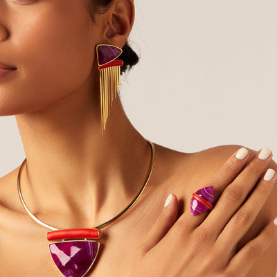 Anel Kahina - Ágata Rosa Pink Listrada & Esmaltação Vermelha — ângulo 2