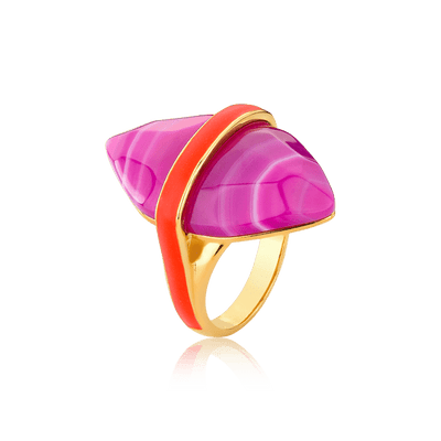 Anel Kahina - Ágata Rosa Pink Listrada & Esmaltação Vermelha — ângulo 1