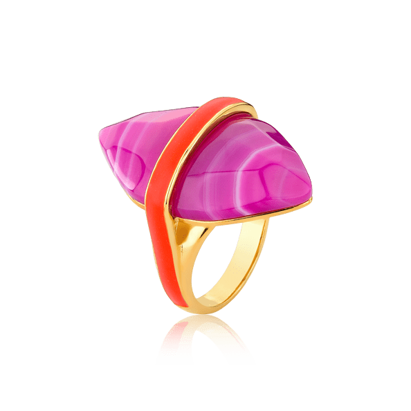 Anel Kahina - Ágata Rosa Pink Listrada & Esmaltação Vermelha