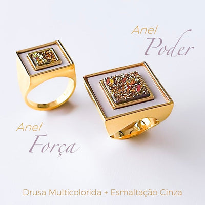 Anel Poder - Drusa Multicolorida esmaltação cinza — ângulo 4