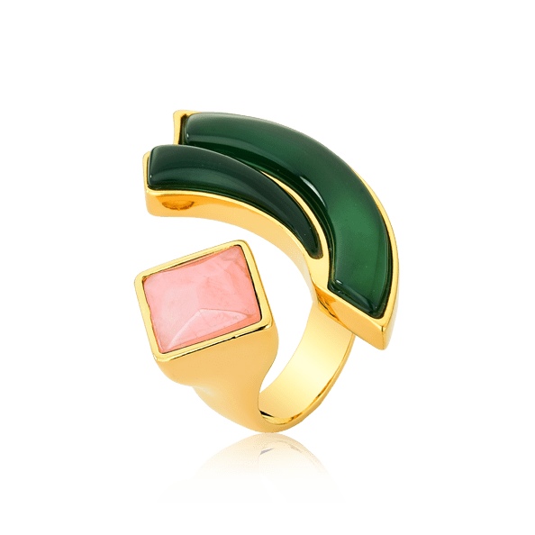 Anel Strelitzia - Ágata Verde e Quartzo Rosa Semijoias de luxo e design exclusivo