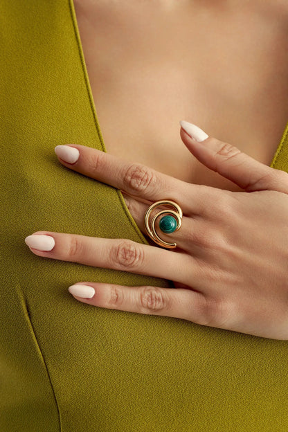 Anel Espiral com Malaquita em Banho de Ouro 18K