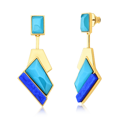 Brinco Chuva - Ágata Azul Céu e Feldspato Azul Anil — Ouro 18K | Aimer Joias | maxi brinco semijoia feminina