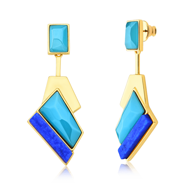 Brinco Chuva - Ágata Azul Céu e Feldspato Azul Anil — Ouro 18K | Aimer Joias | maxi brinco semijoia feminina