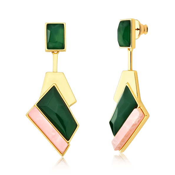 Brinco Chuva - Ágata Verde e Quartzo Rosa — Ouro 18K | Aimer Joias | maxi brinco semijoia feminina