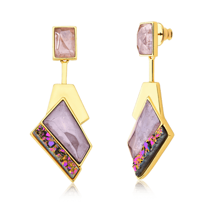 Brinco Chuva - Ametista e Drusa Multicolorida — Ouro 18K | Aimer Joias | maxi brinco semijoia feminina