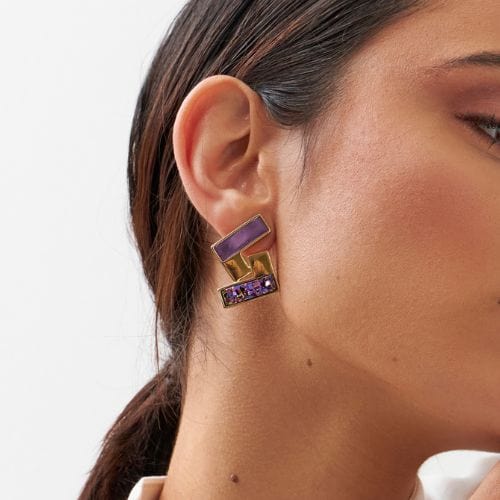 Brinco Enigma - Drusa Multicolorida e Ametista Semijoias de luxo e design exclusivo