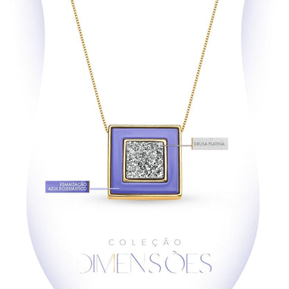 Colar Coragem - Drusa Platina e esmaltação azul eclesiástico Semijoias de luxo e design exclusivo