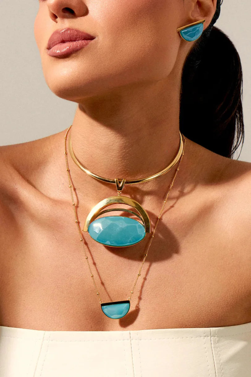 Colar Escudo - Ágata Azul Céu — Ouro 18K | Aimer Joias | semijoia feminina pedra natural