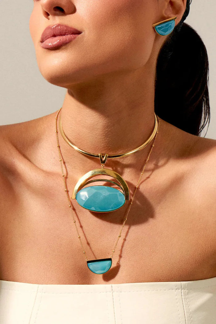 Colar Escudo - Ágata Azul Céu — Ouro 18K | Aimer Joias | semijoia feminina pedra natural