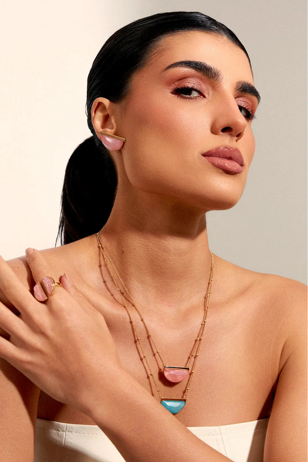 Colar Escudo - Quartzo Rosa — Ouro 18K | Aimer Joias | semijoia feminina pedra natural