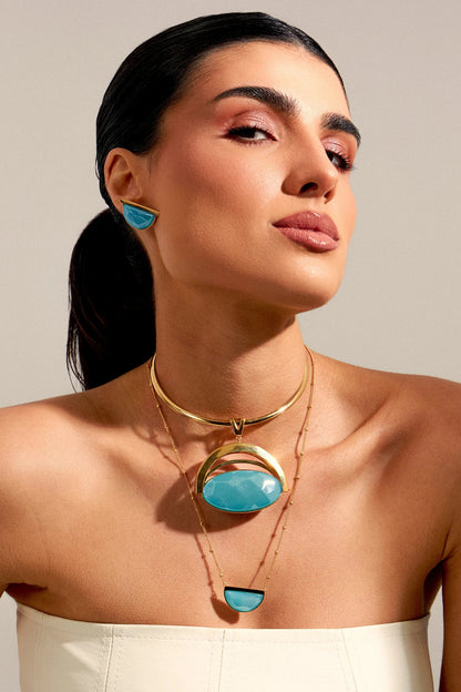Pingente Ópera - Ágata Azul Céu — Ouro 18K | Aimer Joias | semijoia feminina pedra natural