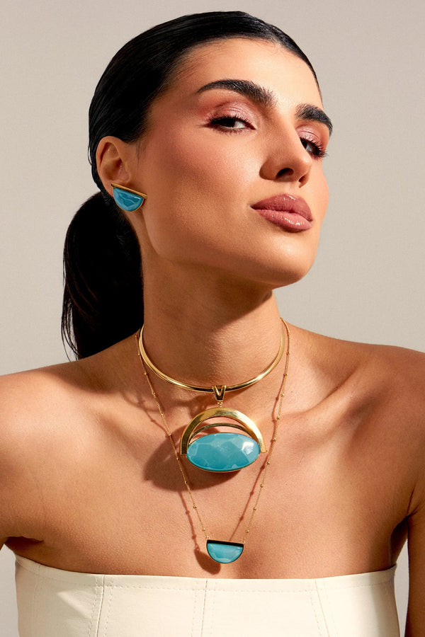 Pingente Ópera - Ágata Azul Céu — Ouro 18K | Aimer Joias | semijoia feminina pedra natural